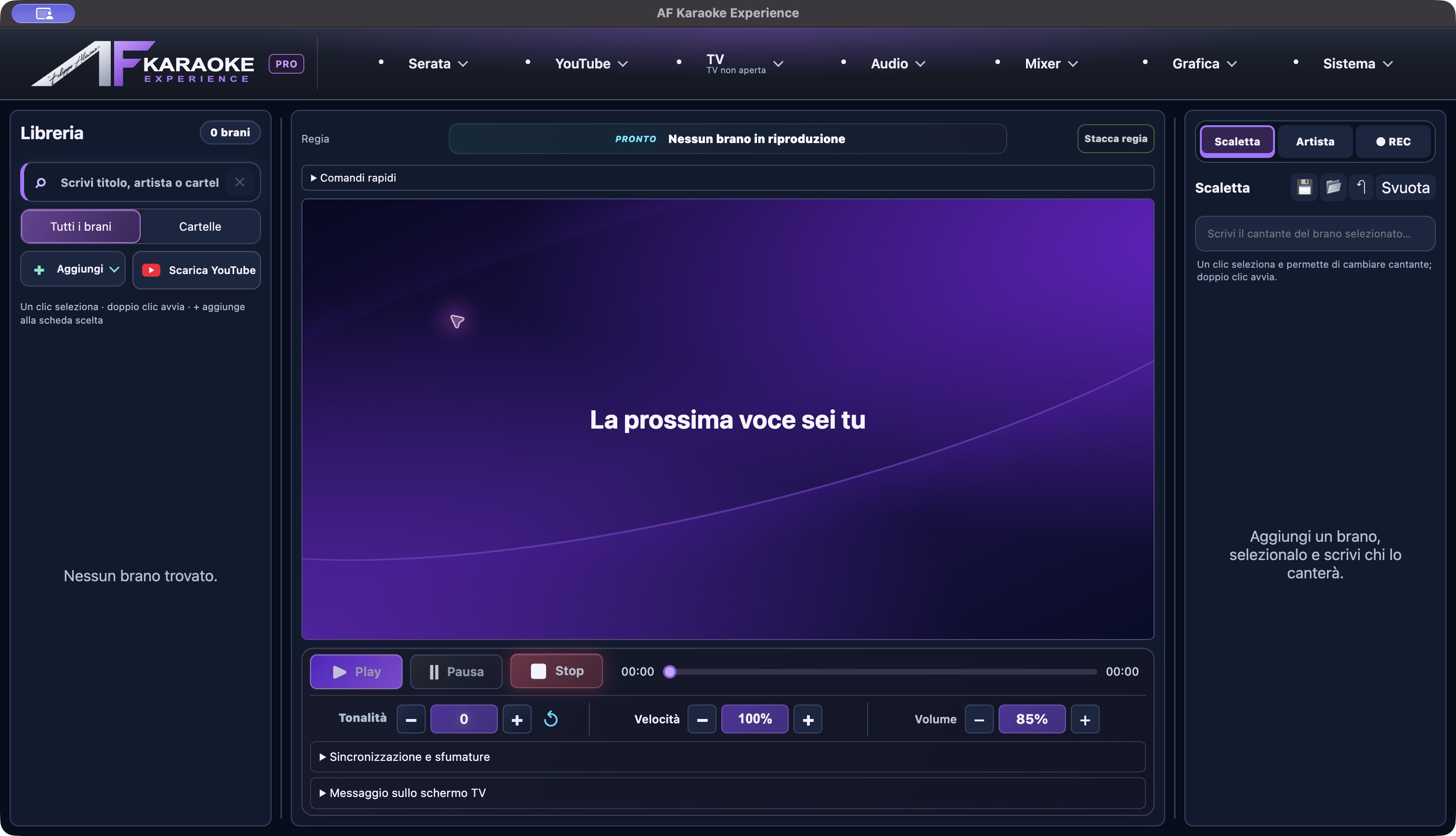 La Regia AF Karaoke con il nuovo logo, libreria a sinistra, anteprima centrale e scaletta a destra